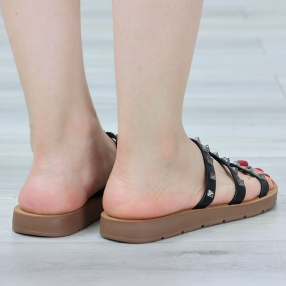 Slider Sandal Slip On Gladiator Flats Studded Black Pliable Sole - Picture 4 of 13